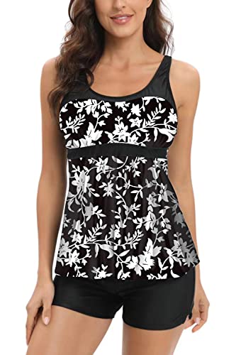 AOQUSSQOA Damen Blumenhalfter Tankini Set mit Shorts Hohe Taille Sportlicher Badeanzug Bikini (Black Leaf, XL) von AOQUSSQOA