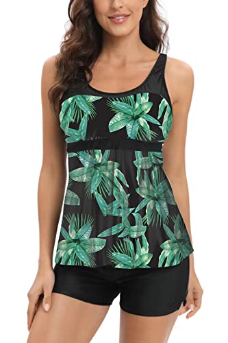 AOQUSSQOA Damen Blumenhalfter Tankini Set mit Shorts Hohe Taille Sportlicher Badeanzug Bikini (Green Leaf, M) von AOQUSSQOA