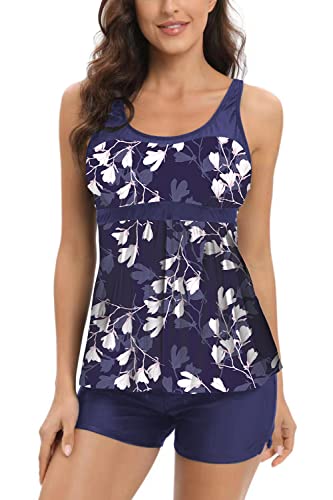 AOQUSSQOA Damen Blumenhalfter Tankini Set mit Shorts Hohe Taille Sportlicher Badeanzug Bikini (Purple Flower, L) von AOQUSSQOA