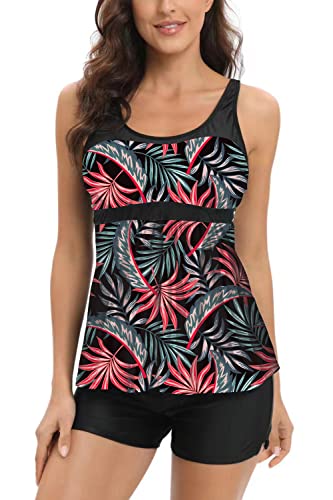 AOQUSSQOA Damen Blumenhalfter Tankini Set mit Shorts Hohe Taille Sportlicher Badeanzug Bikini (Red, XL) von AOQUSSQOA