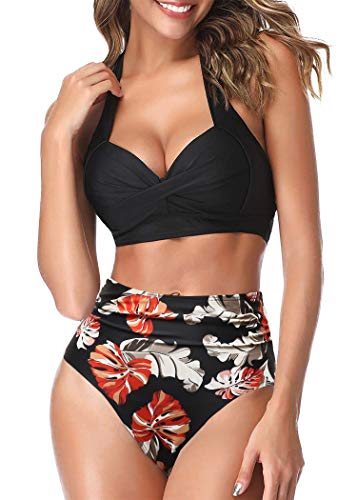 AOQUSSQOA Frauen Zweiteilige Tankini Badeanzüge High Waist Halfter Vintage Bikini Set Damen Bademode (Black Maple, L) von AOQUSSQOA