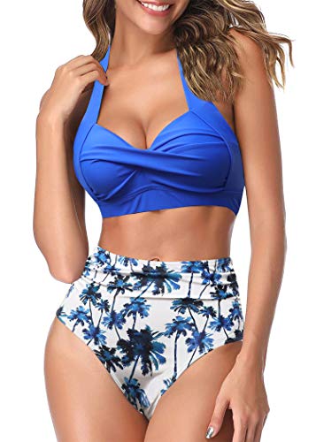 AOQUSSQOA Frauen Zweiteilige Tankini Badeanzüge High Waist Halfter Vintage Bikini Set Damen Bademode (Blue Floral, M) von AOQUSSQOA