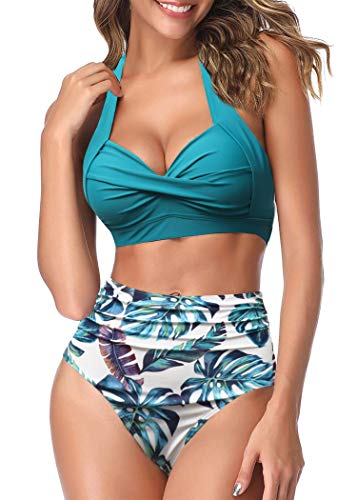 AOQUSSQOA Frauen Zweiteilige Tankini Badeanzüge High Waist Halfter Vintage Bikini Set Damen Bademode (Navy Blue, M) von AOQUSSQOA