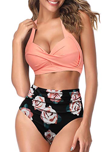 AOQUSSQOA Frauen Zweiteilige Tankini Badeanzüge High Waist Halfter Vintage Bikini Set Damen Bademode (Orange Flower, L) von AOQUSSQOA