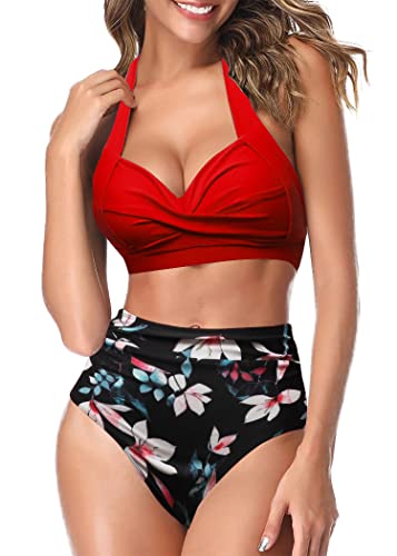 AOQUSSQOA Frauen Zweiteilige Tankini Badeanzüge High Waist Halfter Vintage Bikini Set Damen Bademode(Red, XL) von AOQUSSQOA