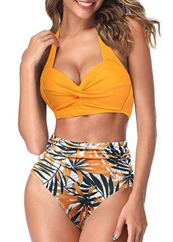 AOQUSSQOA Frauen Zweiteilige Tankini Badeanzüge High Waist Halfter Vintage Bikini Set Damen Bademode (Sunflower Yellow, L) von AOQUSSQOA