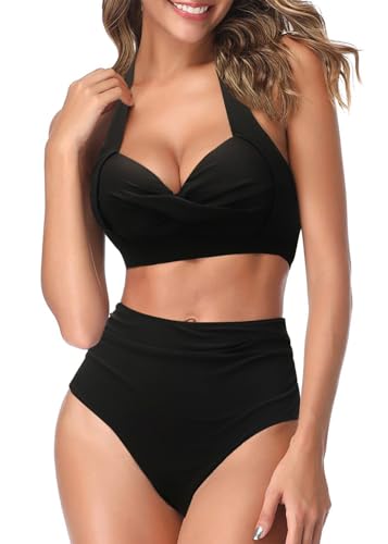AOQUSSQOA Frauen Zweiteilige Tankini Badeanzüge High Waist Halfter Vintage Bikini Set Damen Bademode(Black, M) von AOQUSSQOA