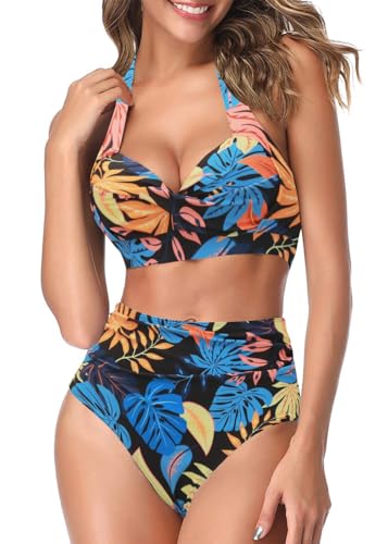 AOQUSSQOA Frauen Zweiteilige Tankini Badeanzüge High Waist Halfter Vintage Bikini Set Damen Bademode(Blue Leaves, L) von AOQUSSQOA