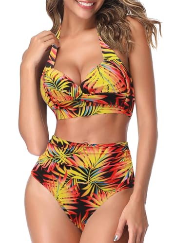 AOQUSSQOA Frauen Zweiteilige Tankini Badeanzüge High Waist Halfter Vintage Bikini Set Damen Bademode(Yellow Print, M) von AOQUSSQOA