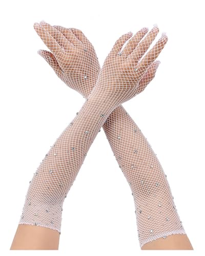 AORHOFJ 1 Paar Lange Netzhandschuhe für Damen Long Fishnet Gloves mit Funkelnden Schwarz Strass Mode Opernhandschuhen für 80er Kostümpartys Halloween Cosplay Zubehör,netzhandschuhe lang von AORHOFJ