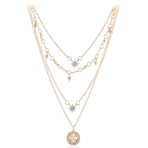 AORHOFJ 1 Stück Voll Diamanten Starlight Multi-Layered Halskette, Bohemian Layered Necklace Layered Cubic Zirkonia Anhänger Halskette Gold Plated Short Chain Girls Jewellery von AORHOFJ