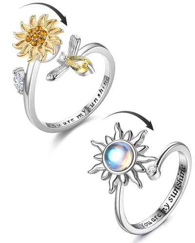 AORHOFJ 2 Stück Silber Anxiety Ring für Damen - Sonnenblume Fidget Achtsamkeitsring, Mondstein Spinner, Verstellbarer Offener Anti-Stress Ring von AORHOFJ