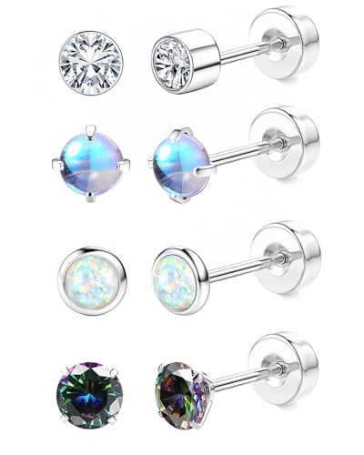 AORHOFJ 4 Paar Magnetische Ohrstecker für Damen Herren Zirkon Mondstein Ohrringe Türkis Schwarz Ohrringe Runde Edelstein Magnet Nicht Piercing Ohrclips，magnet ohrringe herren，magnet ohrringe damen von AORHOFJ