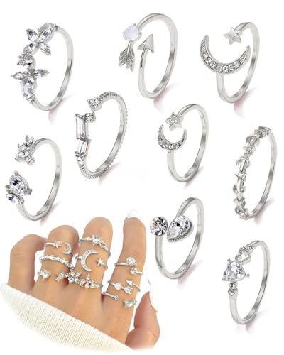 AORHOFJ 9 Stück Herz Schmetterling Stern Mond Kristall Set, Knöchel Ring Set, Damen Mädchen Stacking Ringe Vintage Bohème Ringe, Ring Set Männer & Frauen Finger Ringe (Silber) von AORHOFJ