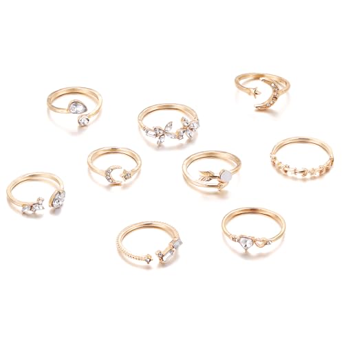 AORHOFJ 9 Stück Herz Schmetterling Stern und Mond Strass Set, Knöchel Ring Set, Damen Mädchen Stacking Ringe Vintage Bohème Ringe, Ring Sets Finger Ringe für Männer und Frauen von AORHOFJ
