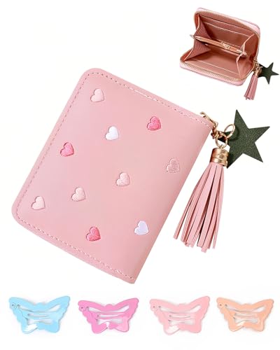 AORHOFJ Geldbeutel Kinder, Nette Portemonnaie mit Kartenhalter PU Leder Mini Geldbörse mit Quaste Reißverschluss für Jungen, 4 Kinder-Haarspangen Enthalten von AORHOFJ