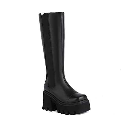 AORUIDA Damen Chelsea Stiefel Winter Warm Plateau mit Blockabsatz High Heels Seite Elastizität Gummiband Knie Hohe Stiefel,Schwarz,37 EU von AORUIDA