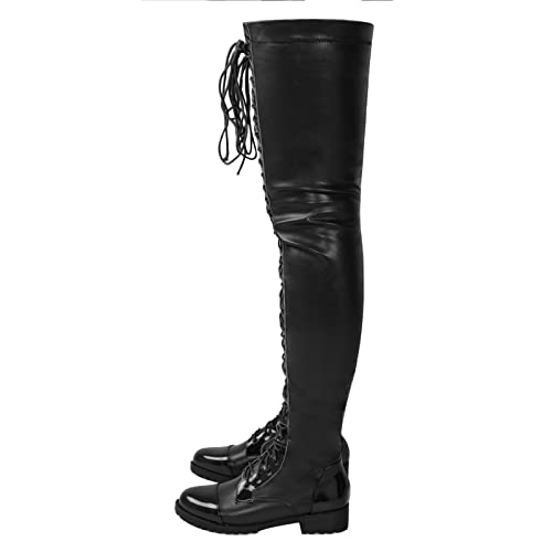 AORUIDA Damen Elastizität Overknees Stiefel PU Leder niedrigem Absatz Flache Langschaft Stiefel Herbst und Winter Schnürstiefelette,Schwarz,42 EU von AORUIDA