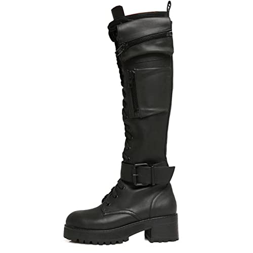 AORUIDA Damen Knie Hohe Stiefel Retro Gothic Punk Leder Schnalle Niedrig Absatz Flache Overknee Stiefel Lange Schnürstiefelette,Schwarz,40 EU von AORUIDA