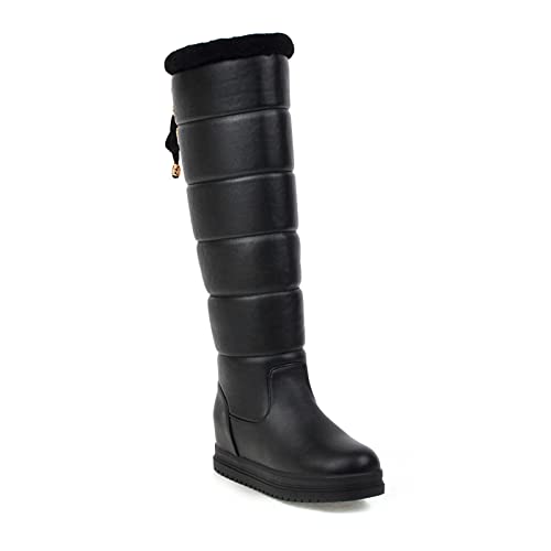 AORUIDA Damen Knie Hohe Stiefel draussen wasserdicht Leder Plateau Keil High Heels mid Calf Boots Winter Warme Kunstfell Gefüttert Schneestiefel,Schwarz,39 EU von AORUIDA