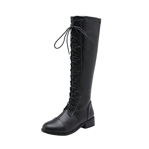 AORUIDA Damen Kniehohe Stiefel Herbst und Winter Niedrig Absatz Flache Mid Calf Combat Schnürstiefel,Schwarz,42 EU von AORUIDA