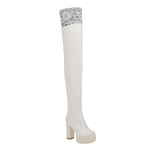 AORUIDA Damen Langschaft Stiefel Mode Komfortabel PU Leder Plateau mit Blockabsatz High Heels Stiefel Overknees,Weiß,39 EU von AORUIDA