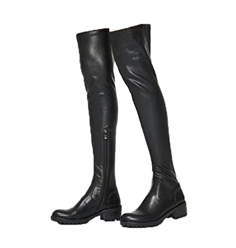 AORUIDA Damen Langschaft Stiefel Winter Leder Niedrig Absatz Flache Overknees Stiefel,Schwarz,43 EU von AORUIDA