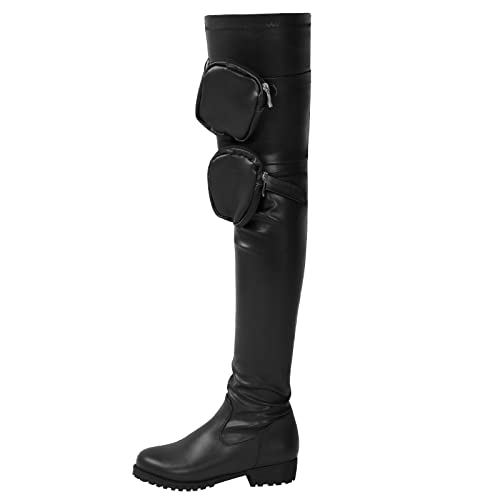 AORUIDA Damen Overknees Elastizität Stiefel Herbst und Winter PU Leder niedrigem Absatz Flache Schnallen Paket Lange Stiefel Knie Hohe Stiefel,Schwarz,40 EU von AORUIDA