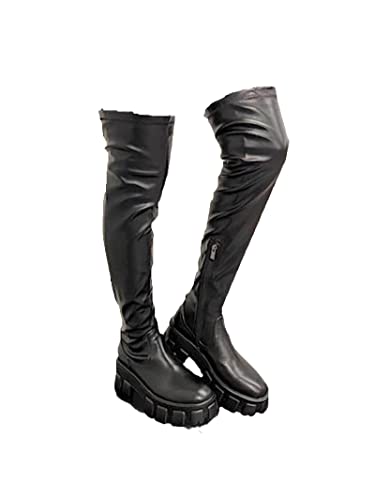 AORUIDA Damen Overknees Stretch Stiefel Herbst und Winter weich PU Leder Seitlicher Reißverschluss Plateau Langschaft Stiefel,Schwarz,44 EU von AORUIDA