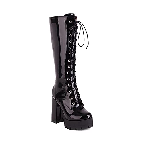 AORUIDA Damen Plattform High Heels Stiefel Winter warm PU Leder mit Blockabsatz Knie Hohe Stiefel,Schwarz,42 EU von AORUIDA