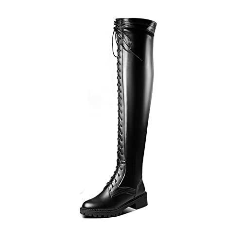 AORUIDA Damen Schnürstiefelette Gothic Punk PU Leder Niedrig Absatz Flache Overknees Stiefel Biker Army Militär Kampfstiefel Langschaft Stiefel,Black Long,50 EU von AORUIDA