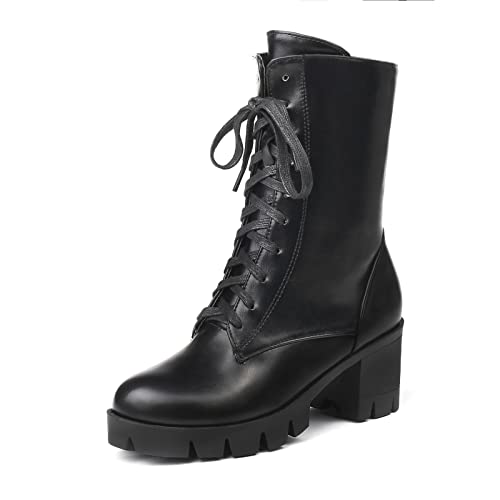 AORUIDA Damen Stiefeletten Beiläufig Leder Runde Toe Plattform mit Blockabsatz niedrigem Absatz Seite Reißverschluss Schnürstiefelette,Schwarz,46 EU von AORUIDA