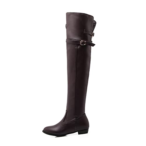 AORUIDA Damen Stretch Overknees Stiefel Herbst und Winter PU Leder Niedrig Absatz Flache Langschaft Stiefel,Braun,43 EU von AORUIDA