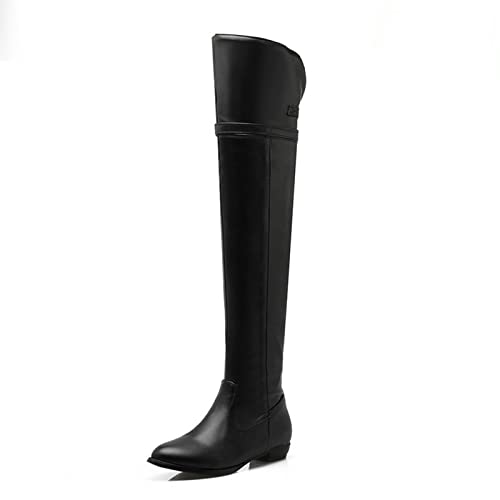 AORUIDA Damen Stretch Overknees Stiefel Herbst und Winter PU Leder Niedrig Absatz Flache Langschaft Stiefel,Schwarz,47 EU von AORUIDA