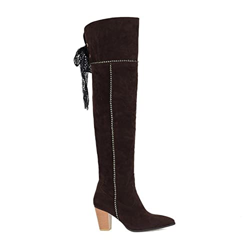 AORUIDA Frauen Winter Warm Spitze Zehen Wildleder mit Blockabsatz High Heels Overknees Stiefel Mode Elastizität Langschaft Stiefel,Schwarz,42 EU von AORUIDA