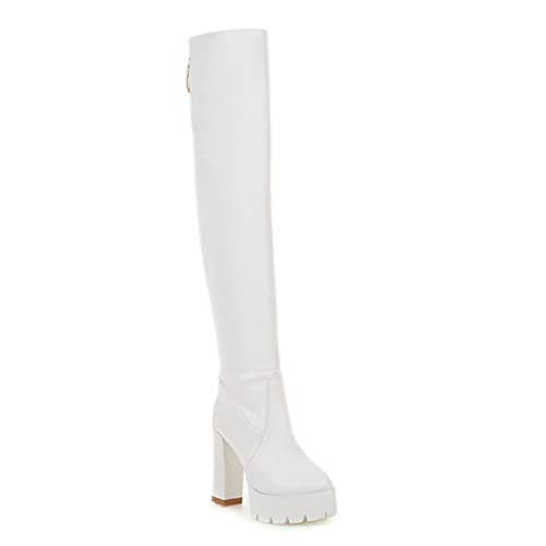 AORUIDA Kniehohe Stiefel Frauen Mode Beiläufig PU Leder Plateau mit Blockabsatz High Heels Overknees Elastizität Stiefel Winter,Weiß,41 EU von AORUIDA