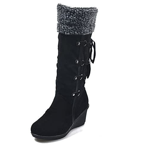 AORUIDA Womens Mid Calf Stiefel Winter Runde Toe Wildleder Plattform Keil High Heels Stiefel Kunstfell Gefüttert Schneestiefel,Schwarz,37 EU von AORUIDA