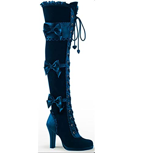 Damen Hohe Overknee Bogen Wildleder mit hohen Absätzen Schnürstiefelette Gothic Punk Biker Herbst und Winter Kniestiefel Langschaft Stiefel,Blau,43 EU von AORUIDA