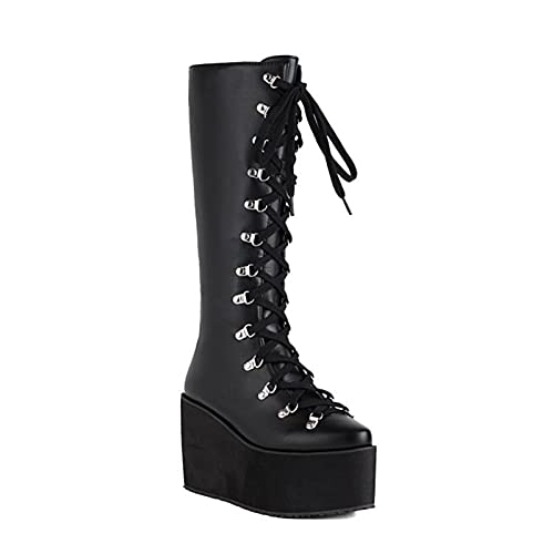 Damen Hohe Stiefel Retro Leder Plateau Keil High Heels Stiefeletten Gothic Punk Biker Militär Kampfstiefel Schnürstiefelette,Black Matte,48 EU von AORUIDA