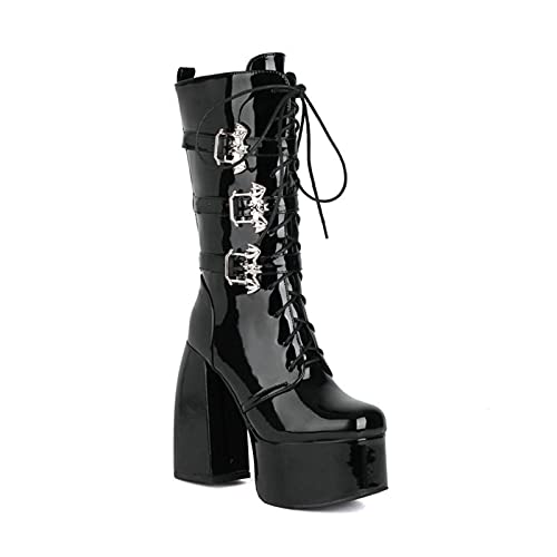 Damen Schnürstiefeletten Retro Leder Plateau Schnallen High Heels Boots Gothic Punk Biker Army Militär mit Blockabsatz Hohe Stiefel,Black patent Leather,41 EU von AORUIDA