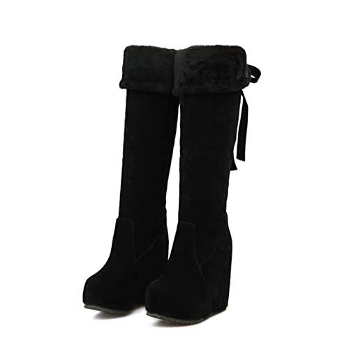 Damen Wildleder Plattform Keil High Heels Stiefel Winter warm Kunstfell Gefüttert Schneestiefel Rückseite Schnür Knie Hohe Stiefel,Schwarz,42 EU von AORUIDA