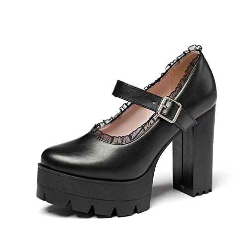 Frauen Mary Jane Schuhe Runde Toe PU Leder Spitze Plattform Blockabsatz High Heels Pumps,Schwarz,38 EU von AORUIDA