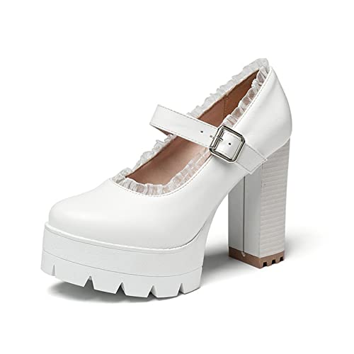 Frauen Mary Jane Schuhe Runde Toe PU Leder Spitze Plattform Blockabsatz High Heels Pumps,Weiß,38 EU von AORUIDA