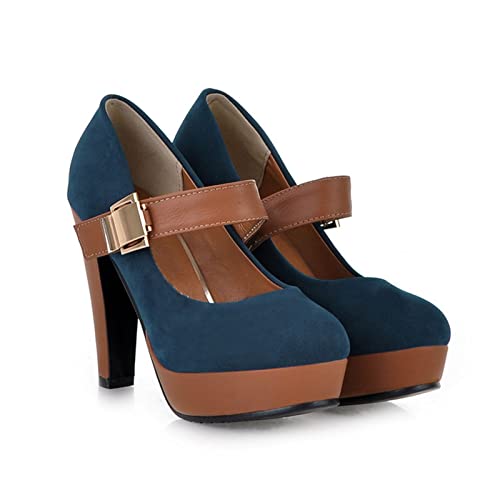 Frauen Platform Pumps Winter Wildleder Knöchelriemen Schnallen Mary Jane Schuhe High Heels,Blau,38 EU von AORUIDA