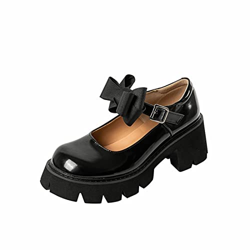 Frauen Runde Toe Lolita Prinzessin Schuhe elegant PU Leder Bogen Knöchelriemen mit niedrigem Absatz mit Blockabsatz Mary Jane Schuhe,Schwarz,35 EU von AORUIDA