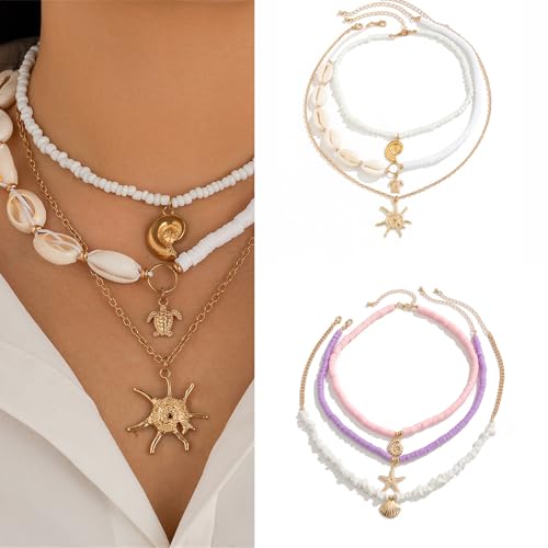 AOSAIXIS 3pcs Vintage Sea Star Und Muschel Anhänger Neckketten Modische Geschichtete Halsketten Mehrschichtige Kastellie Mode Schmuck von AOSAIXIS