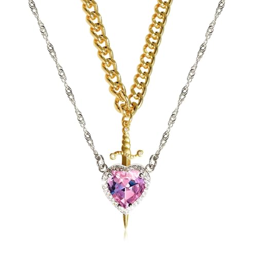AOSAIXIS Legierung Halskette Mit Strasssteinen Herz Und Schwerter Verstellbarer Kettenlänge Neckchain Stylish Valentinstag Schmuck von AOSAIXIS