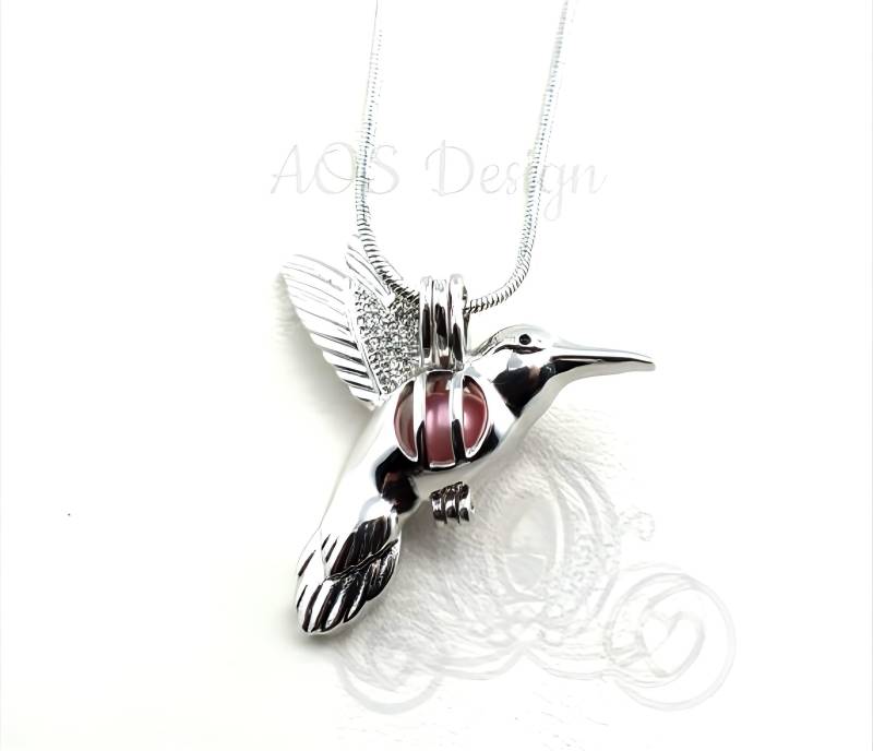 Handgemachte Kolibri Perle Käfig Anhänger Sterling Silber Halskette von AOSDESIGN
