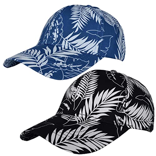 AOSMI 2 Stück Wildblatt-Outdoor-Kappe, verstellbare Jagd, Angeln, taktische hawaiianische Strandmode, strukturierte Baseballhüte, Herren, Damen, Schwarz + Blätter & Blau + Blätter von AOSMI