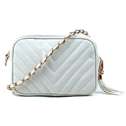 AOSSTA Damen Umhängetasche Designer Gesteppte Umhängetasche für Frauen Handtasche Quaste mit Kettenriemen, weiß, Medium Large AOSSTA Damen Umhängetasche Designer Gesteppte Umhängetasche für Frauen Handtasche Quaste mit Kettenriemen, weiß, Medium Large von AOSSTA